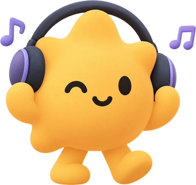 Sunny, a smiling yellow sun, wearing headphones
